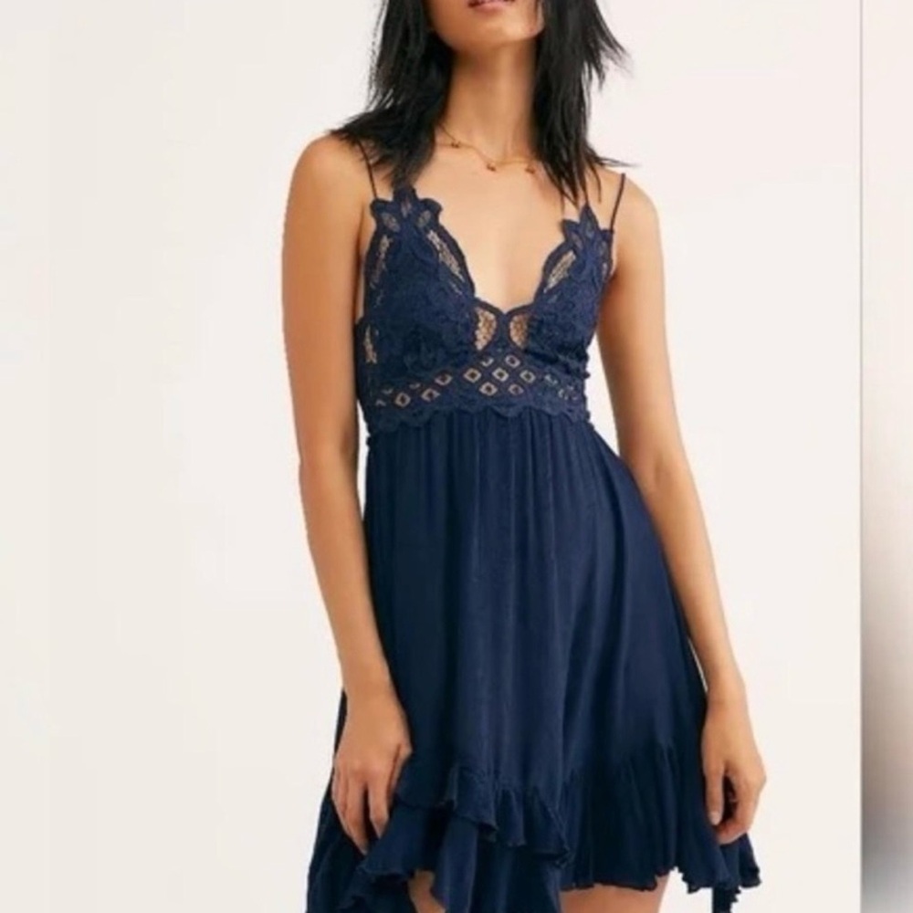 NEW Free People Navy Blue Lace Trim Slip Dress